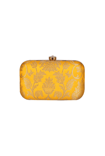 Sunflower Yellow Brocade Box Clutchwith Sling (8 X 2 X 4.5)